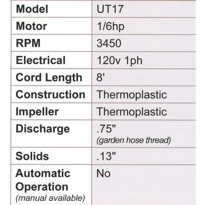 Barnes UT17 - 1/6 HP 115v Submersible Utility Pump