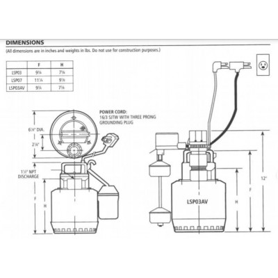 Goulds LSP0712ATF 1/3 HP 230v Automatic Sump  Pump  20' cord Piggy Back Wide Angle