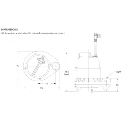 Goulds EP0411AC  4/10 HP 115 volt 20-foot cord automatic Effluent Pump Cast Iron / Thermoplastic Piggyback Wide Angle Switch 3871